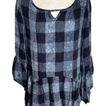 One World Plaid Tunic Top Ruffle Hem Medium Blue Bell Sleeves Keyhole Back Photo 0