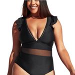 Cupshe 🏷️ Black Ruffle Plunge Neck Plus Size Swimsuit Black Size 0X Photo 0
