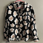 Nicole Miller  Women’s 100% Linen Shirt Black & White Shell Print Button-Up L Photo 0