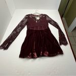 Free People Marlie Lace Mini Dress Velvet Sheer Garnet Bell Sleeve Small NEW Photo 2