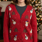SEGUE Red Knit Snowman Xmas Christmas Holiday Cardigan Women’s Small Photo 0