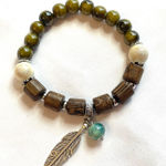 Olive Green Bracelet Silver Feather Charm Brown Turquoise Boho Ceramic Stretchy Photo 0
