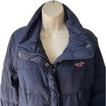 Hollister  Navy Blue and Red Feather Stuffed Puffer Jacket | Size Medium Photo 3