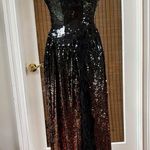 We Wore What  stunning corset feather strapless brown black sequin dress Photo 2