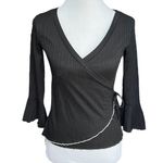 Almost Famous Ribbed Bell Sleeve Faux Wrap Shirt Black Size Small Photo 0