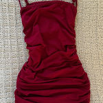 Elegant Burgundy Bodycon Spaghetti Ruched Mini Dress Party Sexy Going Out Small Red Photo 0