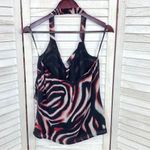 Bebe Printed Silk Chiffon Ruffle Trim Halter Neck Blouse Pink Black XS Photo 7