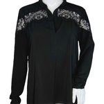 T Tahari Shirt Womens Medium Black Popover Top Lace Insert Neutral Minimalist Photo 0