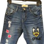 Tales Distressed Donald Duck Embroidered Character Skinny Ankle Jeans, Sz 28 Blue Photo 6