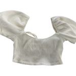 ZARA Crop Top Womens Medium White Ribbed Puff Sleeve Knit Tie Neck Cropped Photo 1