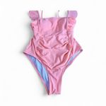 S Pink Ribbed Ruffle Tie Back One Piece Swimsuit Ruched High Cut Photo 1