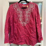 Kate Hill  Pink Fuchsia Sequin Linen V-Neck Embroidered Blouse Size  Large Petite Photo 11