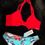 Cupshe  Women’s Red Bikini Top Floral High Waist Bottom Swimwear NWT Size L Beach Photo 5