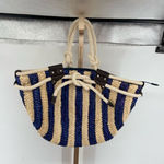 Sun N Sand Beach Tote Natural Navy Blue Stripe Woven Rope Handles Lined Zipper Photo 0