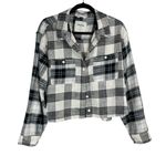 American Eagle  Cozy Cropped Flannel Shirt Sz Large Black White Plaid Photo 2
