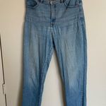 EXPRESS Super High Waisted Light Wash Raw Hem Slim Jeans Photo 3
