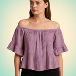 Boho Lilac Crinkle Cotton Off Shoulder Top Cottagecore Greece Women’s M Purple Size M Photo 0