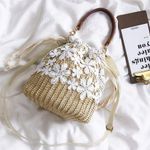 Exquisite Beach Clutch Purse Bag Bucket Bag Lace Handmade Straw Woven Sling Handbag Shoulder Crossbody Bag for Women, Beige, One Size Photo 4
