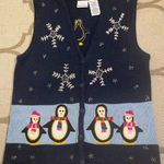 Bobbie Brooks navy button front embroidered penguins sweater vest, size small Blue Photo 0