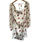 We Wore What  Dress 6 White Red Long Sleeve Roses Floral Puff Sleeve Cowl Photo 3
