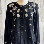 Vintage Snowflake Cardigan black Beaded Holiday Fair Isle Sweater Christmas Size M Photo 0