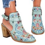 Boho Embroidered Booties Blue Vegan Chunky Block Heel Buckle Slingback Boots 11 Photo 0