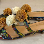 J. McLaughlin  Mandy Floral Pom Pom Sandals Slides Size 8 Leather Blue Raffia‎ Photo 0