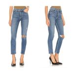 GRLFRND  reed button fly distressed high rise slim leg jeans in sandblast 27 Photo 8