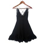 Free People ONE Adella Slip Mini Dress Black Crochet Lace Ruffle Hem Size Small Photo 2