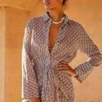 Free People  Silky Rillo Print Mini Shirtdress Navy Combo Photo 0