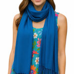 Women’s Bundle 3 Oblong Scarfs Solid Color Fringe Pink Peacock Blue Hot Pink Photo 0