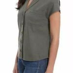 Briggs New York Briggs Linen Blend Button Up Short Sleeve Top - Olive Green - Size XL Photo 0