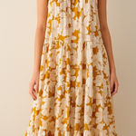 Mon Renn Floral Tiered Maxi Dress Yellow White Tie Straps Size Small Photo 0