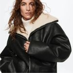 Mango Faux Leather Shearling Zip Coat Black Size Small Photo 12
