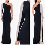 XScape "DORTHEY" LONG CAVIAR BEADED JERSEY KNIT ONE SHOULDER LONG SLEEVE DRESS Photo 2