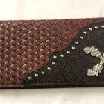 Unique Western boho Brown black woven leather wallet silver studs Photo 0