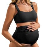Summer Mae Black Ribbed Maternity Bikini Swimsuit High Waisted Size 4 NWT #2109 Photo 0