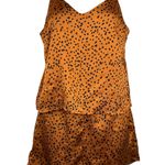 Crescent Silky Satin Pajama Cami Tank Shorts Set Loungewear Orange Black Small Photo 0