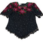 Laurence Kazar  Vintage Black Beaded Sequin Holiday Top Blouse XL Poinsettia Xmas Photo 3