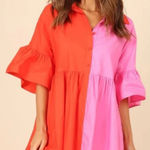 BiBi Red Pink Color Block Shirt Dress Ruffle Sleeves Partial Button Front Medium Photo 0
