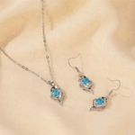 18K White Gold Plated Heart Jewelry Set Heart Pendant Necklace Blue Crystal Heart Dangle Drop Earrings(2pcs/set) Silver Photo 1