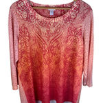 Chico's Size 16 Women's 3/4 Sleeve Blouse Top Orange Red Swirl Vacation Print Photo 0