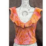 ZARA Sleeveless Stretch Summer  Jacquard Paisley Ruffle Top Orange Yellow size S Photo 2