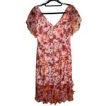 Carmen Marc Valvo 100% Silk Floral Ruffle Midi Dress Pink Orange S-8 Wedding Guest Cocktail Sunset Photo 2