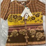 Flavored Tartan wool cardigan Float floral brown lavender red orange yellow tan Size M Photo 4