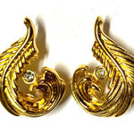 Vintage Gold Tone Feather Earrings with Clear Rhinestone Accent Photo 0