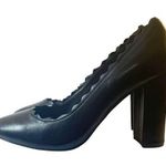 Crown Vintage Willow Black Leather Retro Scalloped Block Heel Pump Womens Size 9 Photo 0