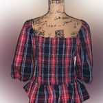 Draper James RSVP Tartan Red Heritage Plaid Puff Sleeve Peplum Shirred Blouse XL Photo 0