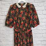 Vintage Breli II Dress Navy Blue Red Floral Size M Lace Collar Midi Belt Pleated Size M Photo 2