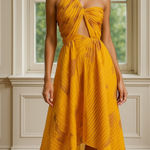 Isi Brown Dress women Medium Yellow Pleated One Shoulder Cutout Asymmetric‎ Midi Photo 0